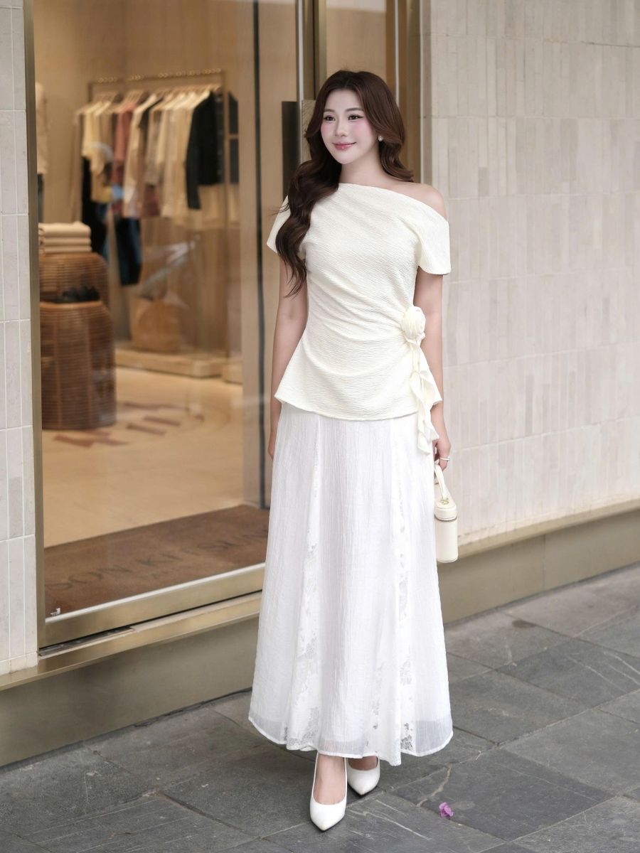 Chân váy tơ nến gãy phối ren trắng LABAVISTA B617