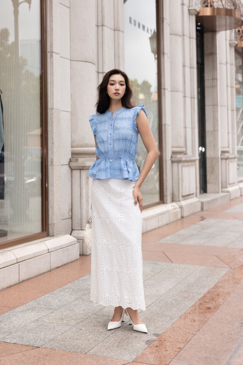 Chân váy maxi trắng thêu chữ A LABAVISTA B438