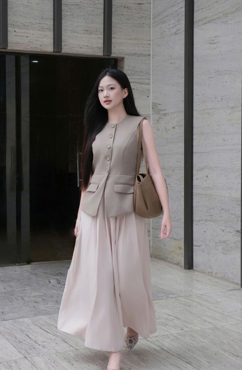 Chân váy midi xếp ly kem ánh hồng LABAVISTA B466