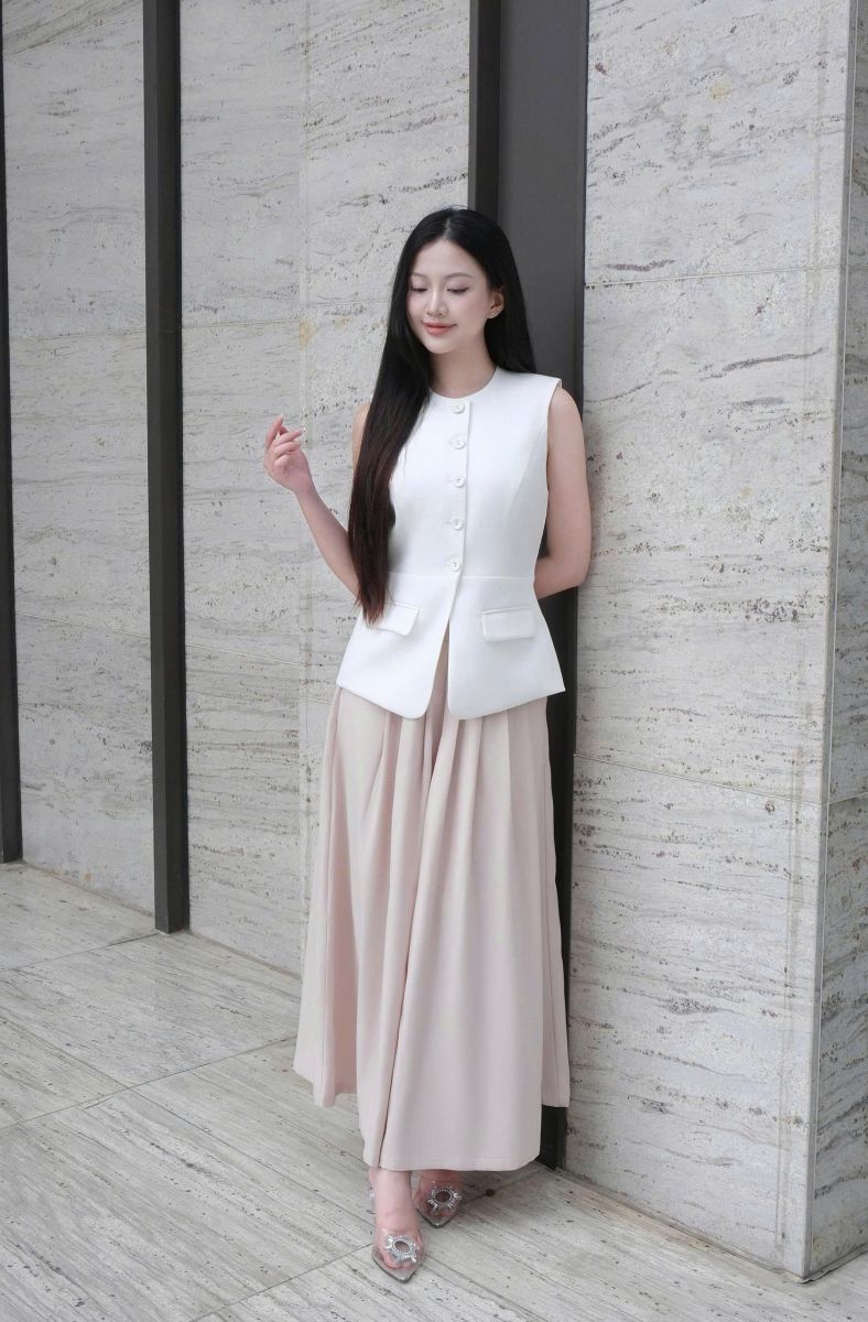 Chân váy midi xếp ly kem ánh hồng LABAVISTA B466